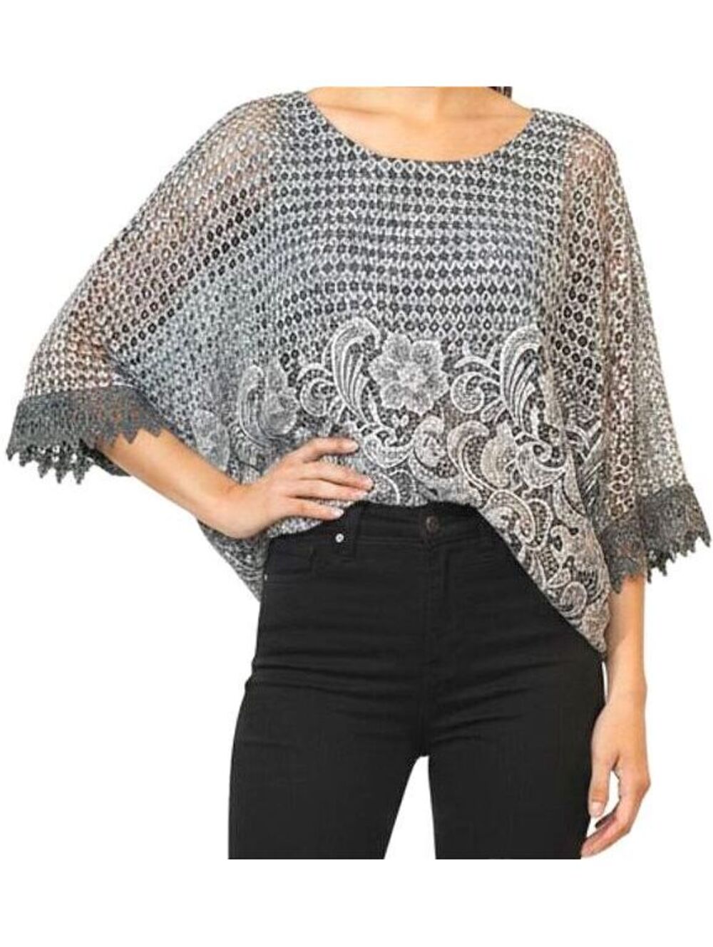 Saks Fifth Avenue Italy Silk Lace Poncho Top S Gray Batwing Boho Tunic